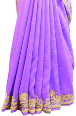 SMSAREE Purple Designer Wedding Partywear Georgette Stone Thread & Cutdana Hand Embroidery Work Bridal Saree Sari With Blouse Piece E702