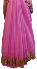 SMSAREE Pink Designer Wedding Partywear Georgette BeadsStone Mirror & Cutdana Hand Embroidery Work Bridal Saree Sari With Blouse Piece E705