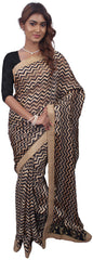 SMSAREE Beige & Black Designer Wedding Partywear Crepe Zari Hand Embroidery Work Bridal Saree Sari With Blouse Piece E708