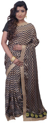 SMSAREE Beige & Black Designer Wedding Partywear Crepe Zari Hand Embroidery Work Bridal Saree Sari With Blouse Piece E709