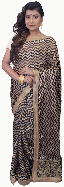SMSAREE Beige & Black Designer Wedding Partywear Crepe Zari Hand Embroidery Work Bridal Saree Sari With Blouse Piece E712