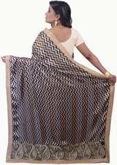 SMSAREE Beige & Black Designer Wedding Partywear Crepe Zari Hand Embroidery Work Bridal Saree Sari With Blouse Piece E712