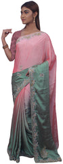 SMSAREE Pink & Green Designer Wedding Partywear Crepe Stone Thread & Cutdana Hand Embroidery Work Bridal Saree Sari With Blouse Piece E713