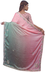 SMSAREE Pink & Green Designer Wedding Partywear Crepe Stone Thread & Cutdana Hand Embroidery Work Bridal Saree Sari With Blouse Piece E713