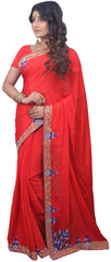 SMSAREE Red Designer Wedding Partywear Crepe (Chinon) Stone Thread Beads Sequence & Cutdana  Hand Embroidery Work Bridal Saree Sari With Blouse Piece E716