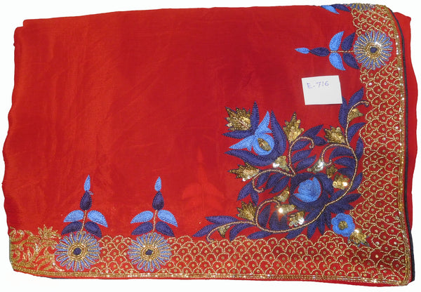 SMSAREE Red Designer Wedding Partywear Crepe (Chinon) Stone Thread Beads Sequence & Cutdana  Hand Embroidery Work Bridal Saree Sari With Blouse Piece E716