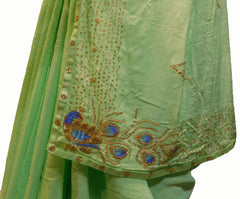SMSAREE Green Designer Wedding Partywear Crepe (Chinon) Stone Thread Beads & Cutdana Hand Embroidery Work Bridal Saree Sari With Blouse Piece E717