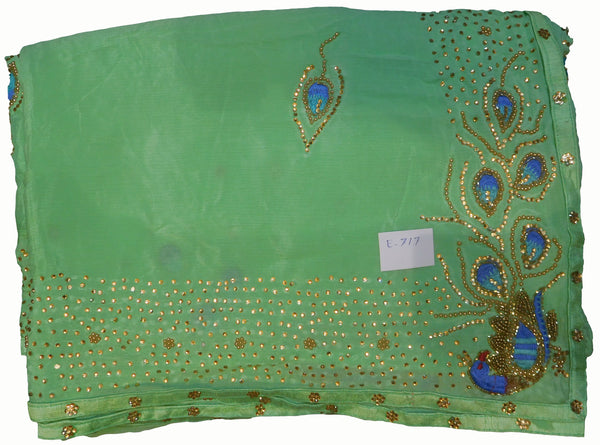SMSAREE Green Designer Wedding Partywear Crepe (Chinon) Stone Thread Beads & Cutdana Hand Embroidery Work Bridal Saree Sari With Blouse Piece E717