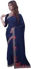 SMSAREE Blue Designer Wedding Partywear Crepe (Chinon) Stone Thread Beads Sequence & Cutdana Hand Embroidery Work Bridal Saree Sari With Blouse Piece E719