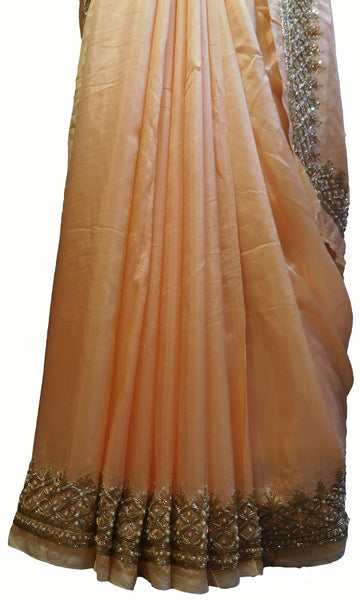 SMSAREE Peach Designer Wedding Partywear Satin Silk Pearl Bullion Sequence & Cutdana Hand Embroidery Work Bridal Saree Sari With Blouse Piece E720