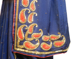 SMSAREE Blue Designer Wedding Partywear Crepe (Chinon) Stone Thread & Cutdana Hand Embroidery Work Bridal Saree Sari With Blouse Piece E721