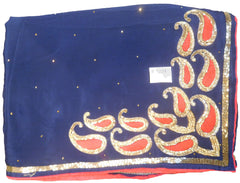 SMSAREE Blue Designer Wedding Partywear Crepe (Chinon) Stone Thread & Cutdana Hand Embroidery Work Bridal Saree Sari With Blouse Piece E721