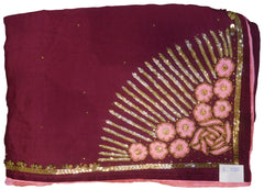 SMSAREE Wine & Pink Designer Wedding Partywear Crepe (Chinon) Stone Thread Beads & Cutdana Hand Embroidery Work Bridal Saree Sari With Blouse Piece E722
