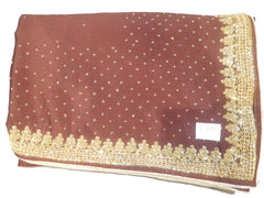 SMSAREE Coffee Brown Designer Wedding Partywear Crepe (Chinon) Beads Stone Pearl & Cutdana Hand Embroidery Work Bridal Saree Sari With Blouse Piece E723