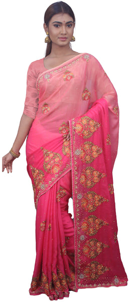 SMSAREE Pink Designer Wedding Partywear Crepe (Rangoli) Thread Stone Beads & Cutdana Hand Embroidery Work Bridal Saree Sari With Blouse Piece E724