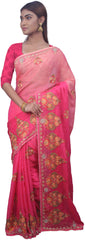 SMSAREE Pink Designer Wedding Partywear Crepe (Rangoli) Thread Stone Beads & Cutdana Hand Embroidery Work Bridal Saree Sari With Blouse Piece E724