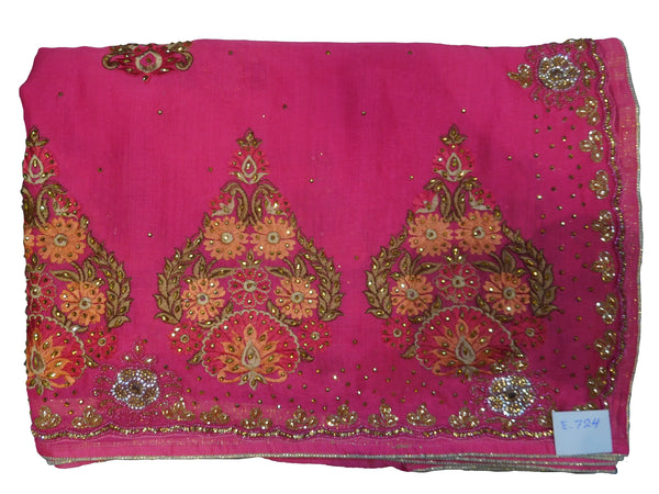 SMSAREE Pink Designer Wedding Partywear Crepe (Rangoli) Thread Stone Beads & Cutdana Hand Embroidery Work Bridal Saree Sari With Blouse Piece E724
