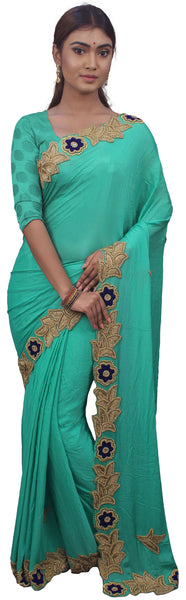 SMSAREE Turquoise Designer Wedding Partywear Crepe (Chinon) Stone Thread & Beads Hand Embroidery Work Bridal Saree Sari With Blouse Piece E728