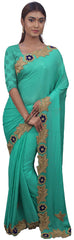 SMSAREE Turquoise Designer Wedding Partywear Crepe (Chinon) Stone Thread & Beads Hand Embroidery Work Bridal Saree Sari With Blouse Piece E728