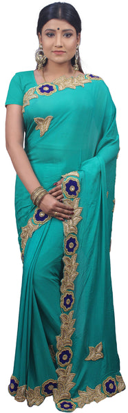 SMSAREE Turquoise Designer Wedding Partywear Crepe (Chinon) Stone Thread & Beads Hand Embroidery Work Bridal Saree Sari With Blouse Piece E729