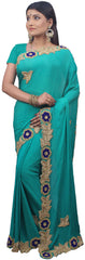 SMSAREE Turquoise Designer Wedding Partywear Crepe (Chinon) Stone Thread & Beads Hand Embroidery Work Bridal Saree Sari With Blouse Piece E729