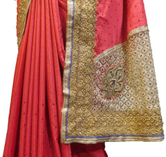 SMSAREE Gajari Designer Wedding Partywear Silk Stone Thread Beads & Zari Hand Embroidery Work Bridal Saree Sari With Blouse Piece E731