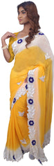 SMSAREE Yellow & White Designer Wedding Partywear Georgette (Viscos) Stone Thread & Beads Hand Embroidery Work Bridal Saree Sari With Blouse Piece E736