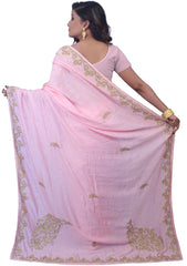 SMSAREE Pink Designer Wedding Partywear Silk Stone & Cutdana Hand Embroidery Work Bridal Saree Sari With Blouse Piece E738