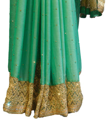 SMSAREE Turquoise Designer Wedding Partywear Crepe (Rangoli) Stone Thread & Zari Hand Embroidery Work Bridal Saree Sari With Blouse Piece E741