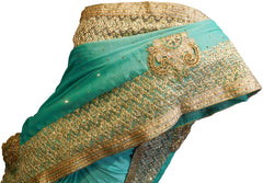SMSAREE Turquoise Designer Wedding Partywear Crepe (Rangoli) Stone Thread & Zari Hand Embroidery Work Bridal Saree Sari With Blouse Piece E741