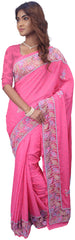 SMSAREE Pink Designer Wedding Partywear Georgette Stone Thread & Beads Hand Embroidery Work Bridal Saree Sari With Blouse Piece E742