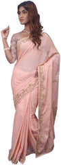 SMSAREE Pink Designer Wedding Partywear Georgette Stone Thread & Beads Hand Embroidery Work Bridal Saree Sari With Blouse Piece E744