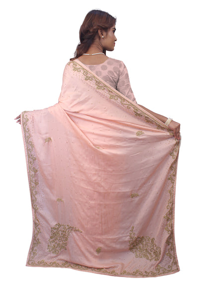 SMSAREE Pink Designer Wedding Partywear Georgette Stone Thread & Beads Hand Embroidery Work Bridal Saree Sari With Blouse Piece E744