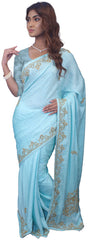 SMSAREE Blue Designer Wedding Partywear Georgette Stone Thread & Beads Hand Embroidery Work Bridal Saree Sari With Blouse Piece E746