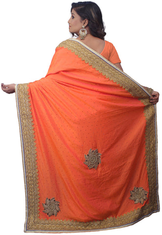 SMSAREE Orange Designer Wedding Partywear Silk Stone Thread Zari Cutdana & Beads Hand Embroidery Work Bridal Saree Sari With Blouse Piece E748