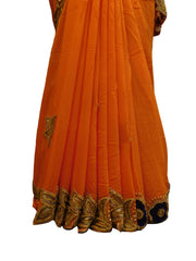 SMSAREE Orange Designer Wedding Partywear Crepe (Chinon) Stone Thread & Beads Hand Embroidery Work Bridal Saree Sari With Blouse Piece E751