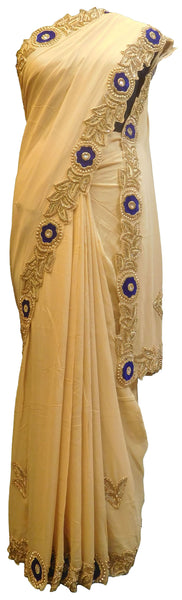 SMSAREE Beige Designer Wedding Partywear Crepe (Chinon) Stone Thread & Beads Hand Embroidery Work Bridal Saree Sari With Blouse Piece E753