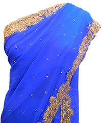 SMSAREE Blue Designer Wedding Partywear Georgette Stone Cutdana Thread & Beads Hand Embroidery Work Bridal Saree Sari With Blouse Piece E755