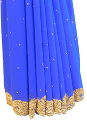 SMSAREE Blue Designer Wedding Partywear Georgette Stone Cutdana Thread & Beads Hand Embroidery Work Bridal Saree Sari With Blouse Piece E755