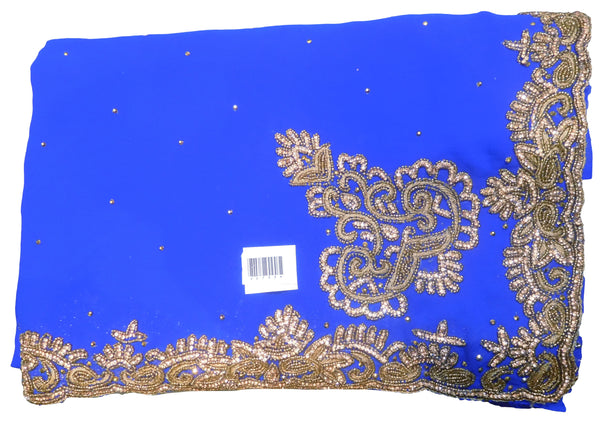 SMSAREE Blue Designer Wedding Partywear Georgette Stone Cutdana Thread & Beads Hand Embroidery Work Bridal Saree Sari With Blouse Piece E755