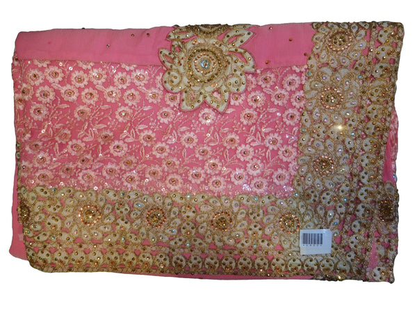 SMSAREE Pink Designer Wedding Partywear Georgette Thread Stone Zari & Sequence Hand Embroidery Work Bridal Saree Sari With Blouse Piece E800