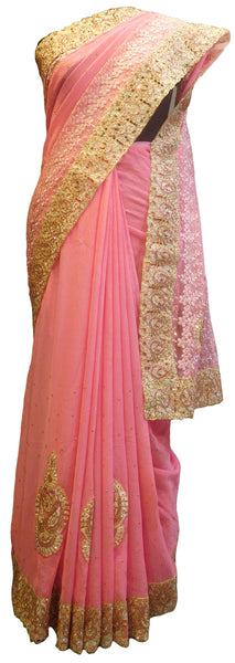 SMSAREE Pink Designer Wedding Partywear Georgette Thread Stone Zari & Sequence Hand Embroidery Work Bridal Saree Sari With Blouse Piece E802