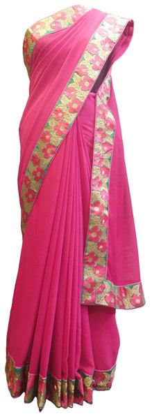 SMSAREE Pink Designer Wedding Partywear Georgette Thread & Zari Hand Embroidery Work Bridal Saree Sari With Blouse Piece E803