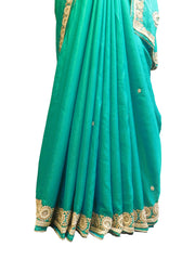 SMSAREE Turquoise Designer Wedding Partywear Satin Silk Beads Bullion & Pearl Hand Embroidery Work Bridal Saree Sari With Blouse Piece E806