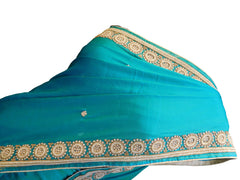 SMSAREE Turquoise Designer Wedding Partywear Satin Silk Beads Bullion & Pearl Hand Embroidery Work Bridal Saree Sari With Blouse Piece E806