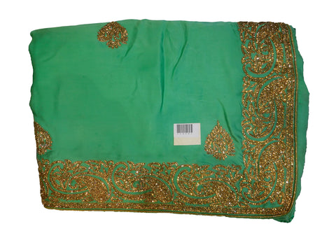 SMSAREE Green Designer Wedding Partywear Satin Silk Stone & Bullion Hand Embroidery Work Bridal Saree Sari With Blouse Piece E808