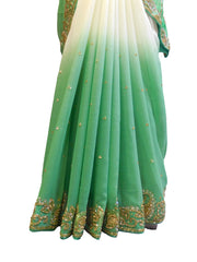 SMSAREE Green & White Designer Wedding Partywear Georgette Stone & Cutdana Hand Embroidery Work Bridal Saree Sari With Blouse Piece E809