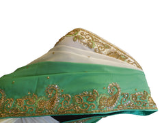 SMSAREE Green & White Designer Wedding Partywear Georgette Stone & Cutdana Hand Embroidery Work Bridal Saree Sari With Blouse Piece E809