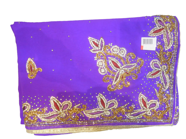 SMSAREE Purple Designer Wedding Partywear Georgette Stone Bullion & Cutdana Hand Embroidery Work Bridal Saree Sari With Blouse Piece E810