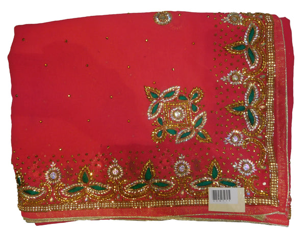 SMSAREE Pink Designer Wedding Partywear Georgette Stone Thread & Cutdana Hand Embroidery Work Bridal Saree Sari With Blouse Piece E811